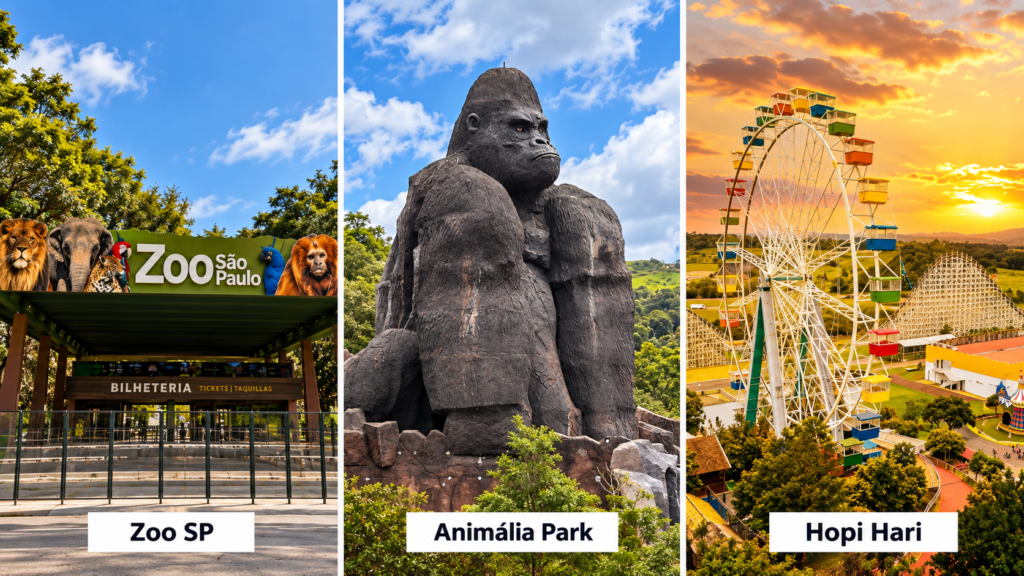 Montagem com a entrada do Zoo SP, a escultura do Animália Park e a roda-gigante do Hopi Hari