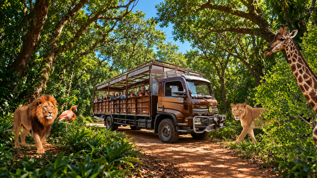 Composição ilustrativa do caminhão de visitantes do Simba Safari em meio a animais e árvores