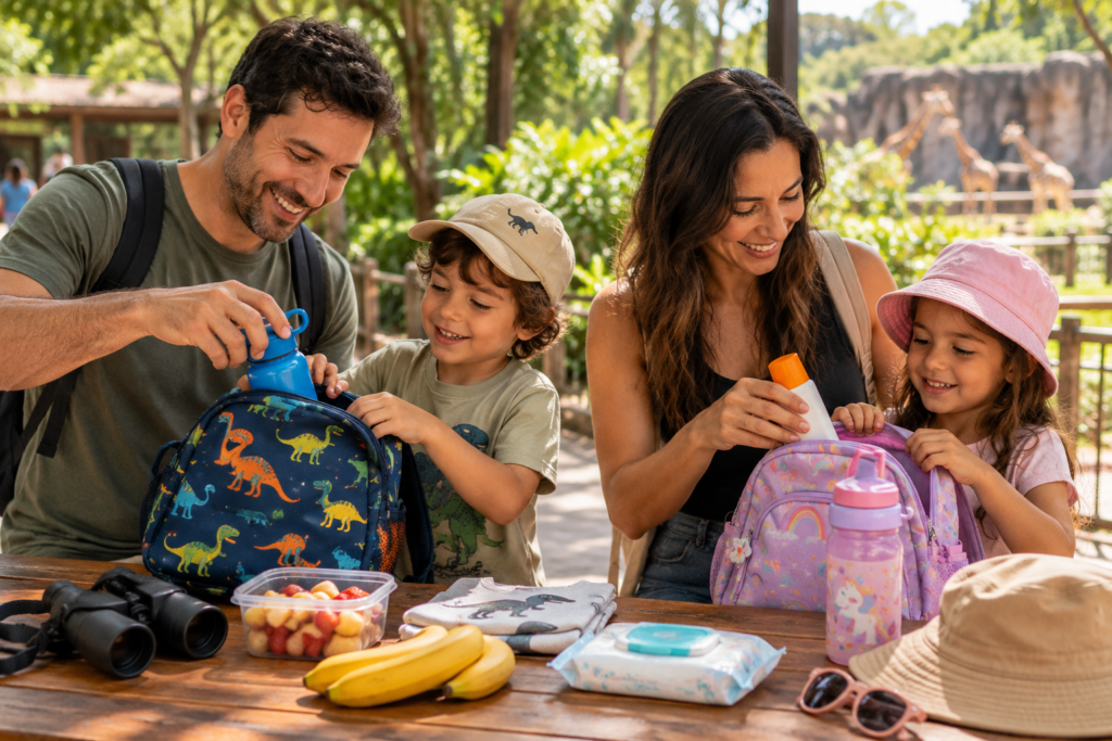 Família preparando mochilas das crianças para um passeio