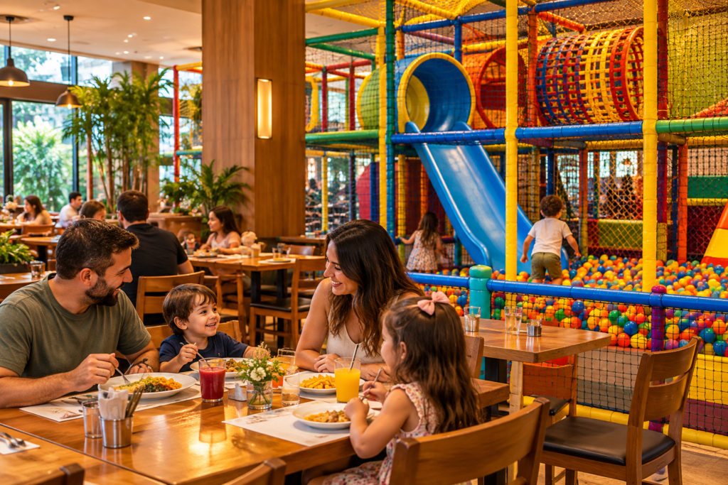 Restaurante familiar com espaço kids e brinquedão